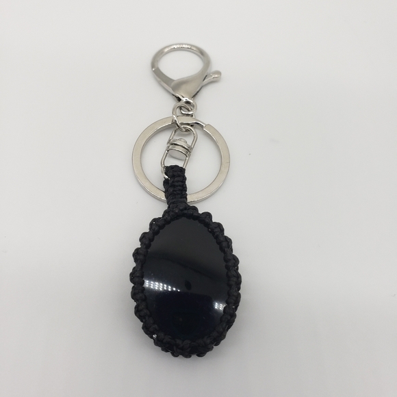 883- Black Obsidian Stone Keychain Macrame Handmade NWT - Picture 1 of 4